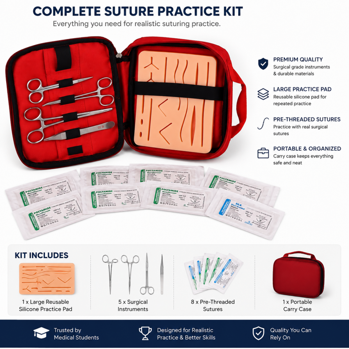 Suture Practice Kit – Advanced Suturing Pad with Instruments & Sutures | MYASKRO