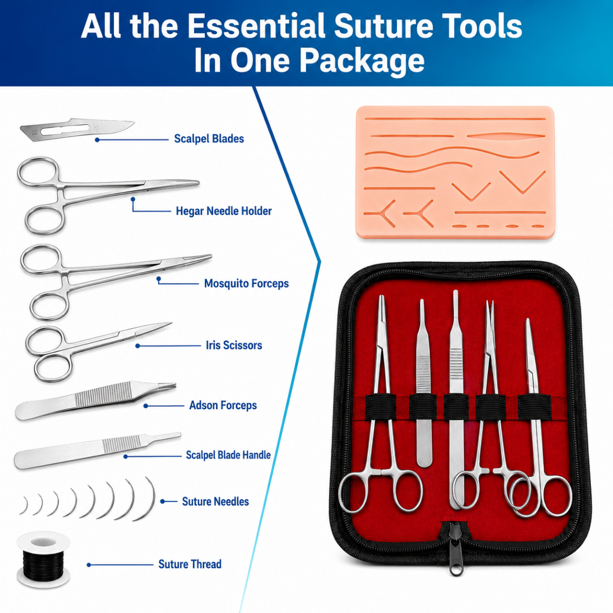 Essential Suture Practice Kit for Medical Students – Reusable Silicone Pad, Surgical Instruments & Carry Case